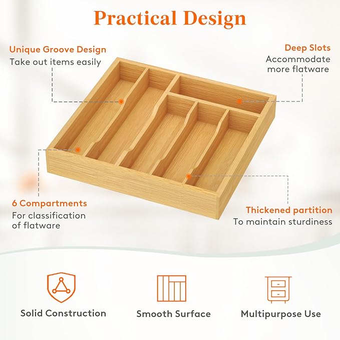 Lifewit Silverware Drawer Organizer Tray, Bamboo Cutlery Storage for Kitchen Drawer, 6 Compartment Flatware and Utensil Holder Divider for Spoons Forks Knives Tableware, Natural