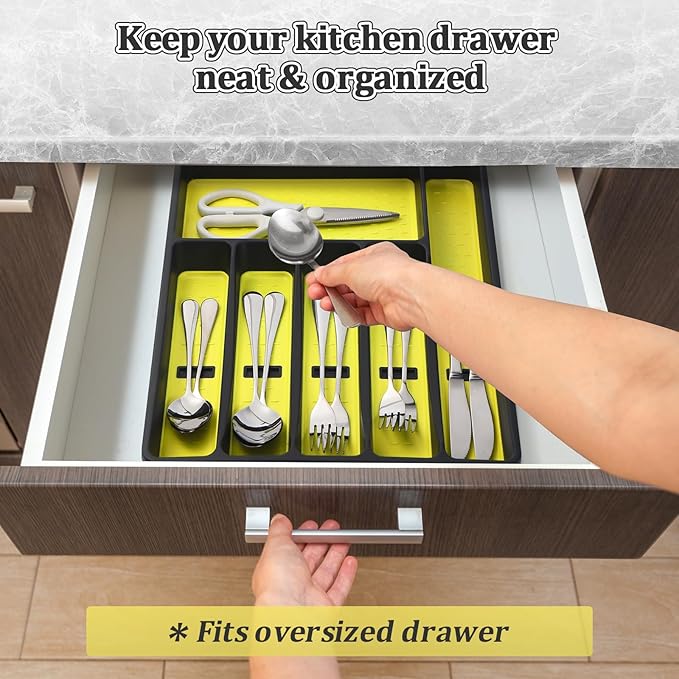 Silverware Organizer with Cutlery Icons,Silverware Tray for Kitchen Drawer,Plastic Flatware Tableware Cultery Drawer Organizer Utensil Organizer with Non-slip TPR Linings,6-Compartment,Yellow