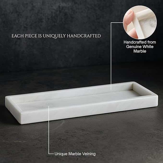 Bey-Berk Marble Bathroom Tray 14.25" x 3.75" x 4" (LxWxH) Polished Marble Tray for Bath, Kitchen and Bedroom, Stone Vanity Tray for Organization and Display, Handcrafted - White