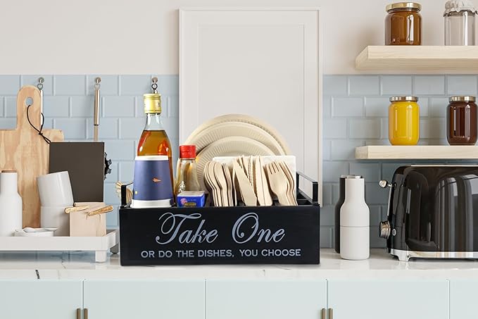 Paper Plate Holder Utensil Caddy Organizer - Rustic Wood Disposable Plate Dispenser with Handles for Cups, Forks, Spoons, Napkins and Silverware Holders (handle paper plate holder)