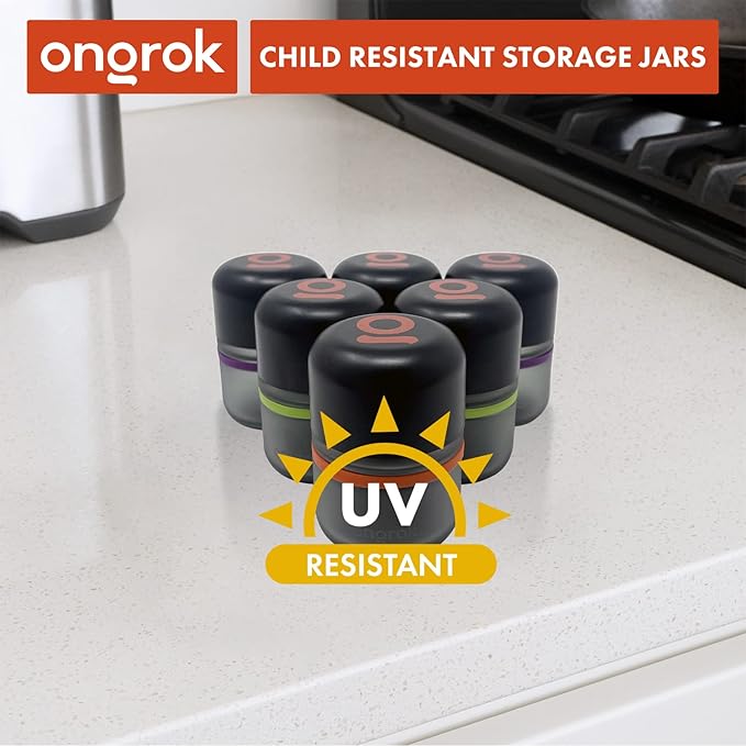 ONGROK Glass Storage Jar, 80ml, 6 Pack, UV Herb/Spice Jar with Child Resistant Lid, Color-Coded Glass Containers Air Proof to Preserve Smell and Aroma, Perfect Size to Store in a Drawer or Cupboard