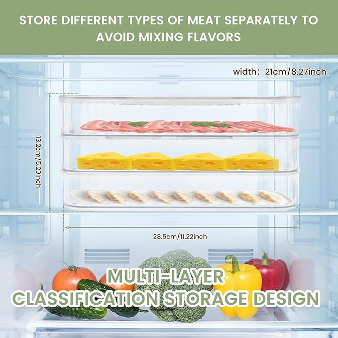 Deli Meat Container for Fridge, 3 Layer Meat Container for Refrigerator Organizers, Bacon Cheese Container for Refrigerator Deli Container Include Lid Food Boxes