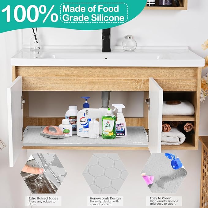 Waterproof Under Sink Mat 28" x 19", Silicone Cabinet Liner, Rubber Protector for Kitchen and Bathroom, Keeps Cabinets Clean, Dry, and Organized (Mint Green)