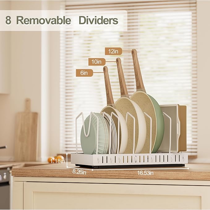 GoMaihe Pots and Pans Organizer Under Cabinet 1 Pack - For Kitchen Pot Lid Bakeware Dishes Pots and Pans Storage - Pull-out Kitchen Cabinet Organizer Rack with Slide Rails White