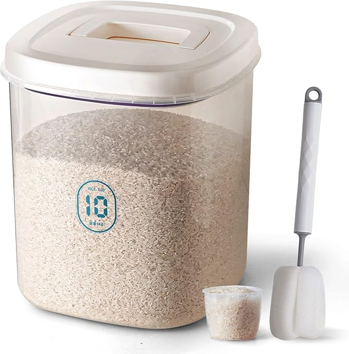 Rice Container 25 lbs,10.5 Qt/10 L/25 lbs Rice Dispenser Food Storage Bin with Measuring Cup & Brush Food Cereal Container Bins Household for Kitchen Pantry Organization(LG-10KG)
