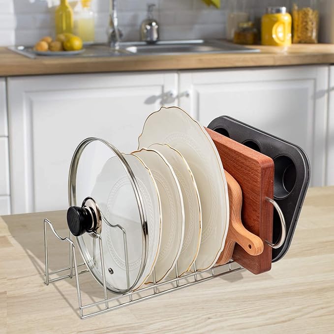 Pot Lid Holder, Stainless Steel Kitchen Organizer Rack Rest, Storage Cutting Boards, Bakeware, Pots & Pans, Serving Trays, Reusable Containers in Cabinet Pantry on Countertop