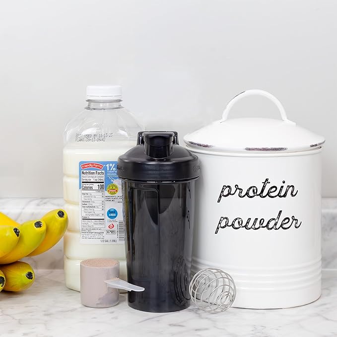 AuldHome Design Enamelware Protein Powder Canister; White Rustic Distressed Style Storage for Kitchen