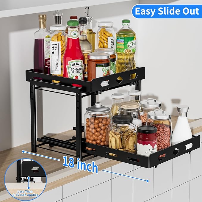 Pull Out Spice Rack Organizer, 2-Tier Vertical Spice Rack, Height Adjustable for Kitchen Cabinet (11.9''Wx10.8''Dx9.2''H, Metal Black)
