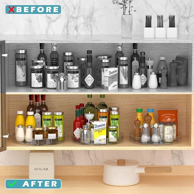 Lazy Susan Turntable Spice Rack Organizer Round Clear Food Storage Container Rotating Condiments Spinning Organizer for Kitchen, Cabinets, Pantry, Refrigerator, Countertops - Set of 3