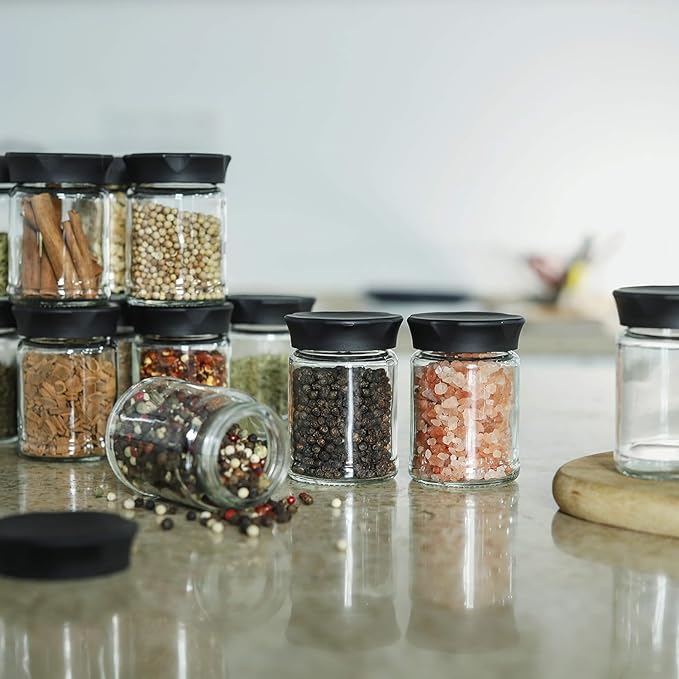 VEVOK CHEF Mini Glass Jars with Black Lids 2 pcs Food Storage Jar Kitchen Canister Small Coffee Tea Spice Storage Jar Set (4 Ounce) Gift