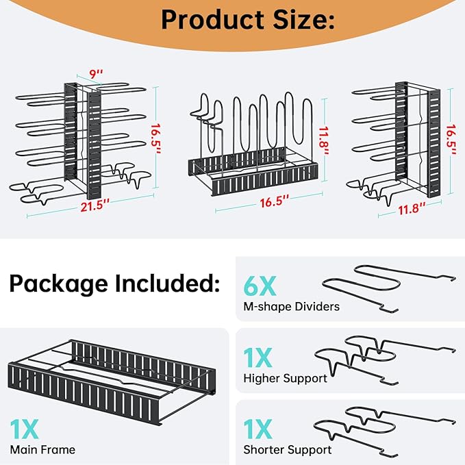 MUDEELA Pots and Pans Organizer Rack under Cabinet with 3 DIY Methods, Adjustable Pot Pan Rack with 8 Tiers for Kitchen Cabinet Organizers and Storage
