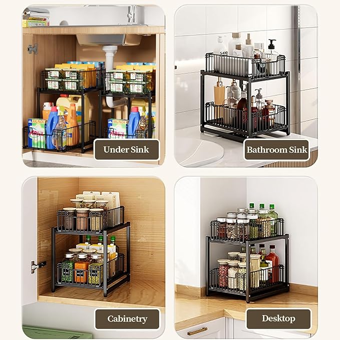 Under Sink Organizer, 2-Tier Pull Out Cabinet Organizer, Kitchen Bathroom Organizer and Storage, Spice Rack for Kitchen, Multi-use Sliding Drawers Shelves, Pack of 2