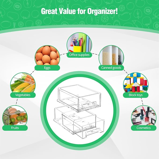 2 Pack Refrigerator Drawers - Fridge Organizer Bins Stackable Storage Drawers, Clear Refrigerator Organizing Containers Pull Out Drawer for Fruit, Vegetable Storage and Keep Fresh