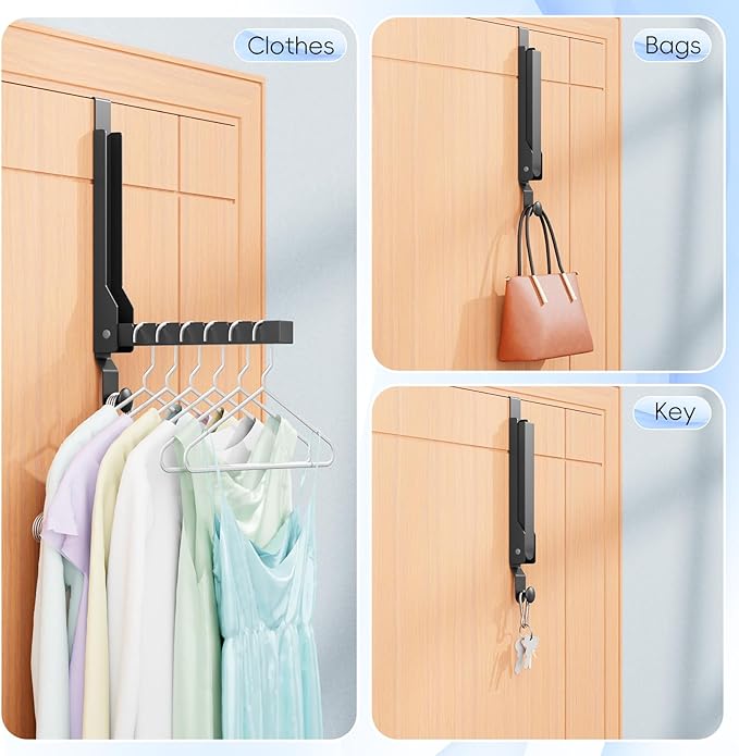 2 Packs Over The Door Hangers, Folding Over Door Hanger Hooks, Portable Space Saving Collapsible Coat Towel Racks for Bedroom Living Room Small Space Kitchen Travel Drying Storage (2Pack, Black)