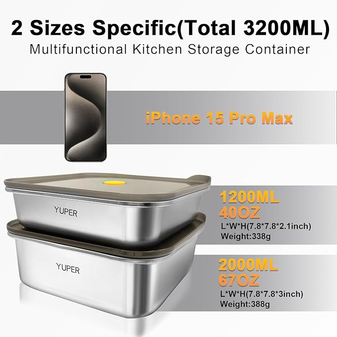 YUPER Stainless Steel Food Containers, Meal Prep Container, Bacon Cheese Container for Refrigerator, Stainless Steel Containers with Lids Fruit Lunch Storage, 2 Pack (40+67OZ)