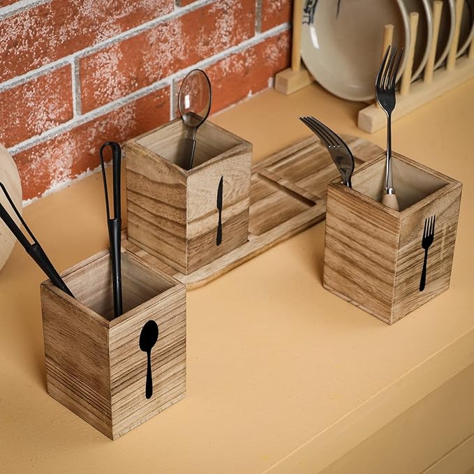 Kathfly 4 Pcs Silverware Caddy Utensil Holder for Countertop Silverware Organizer with Wood Tray Spoon Fork Holder 3. 15 x 3. 15 x 4. 53 Inches of Each Organizer for Kitchen Parties(Brown)