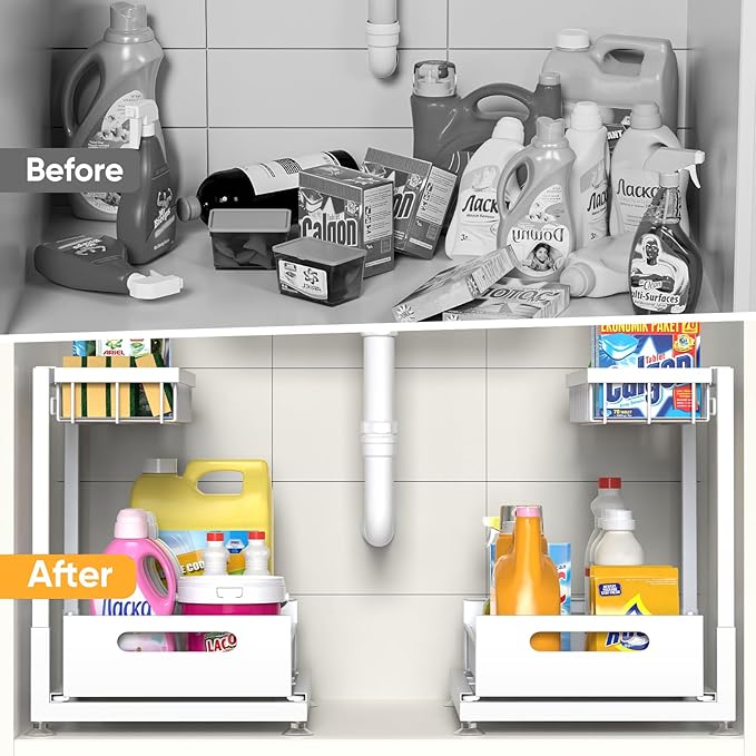 Under Sink Organizer Storage 2-Tier Premium Metal Pull-Out Racks, Height Adjustable, Easy Installation | Kitchen & Bathroom Organizers Pack of 1 White