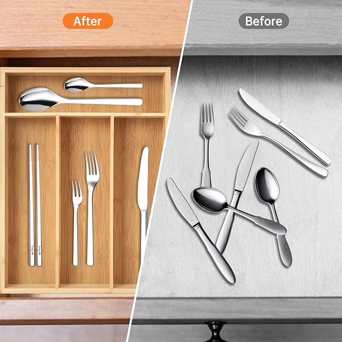 Bamboo Drawer Organizer for Utensils Holder, Drawer Dividers Organizer for Silverware, Flatware, Knives in Kitchen, Bedroom, Living Room, Office as Housewarmings, Wedding, Bridal Shower Gifts