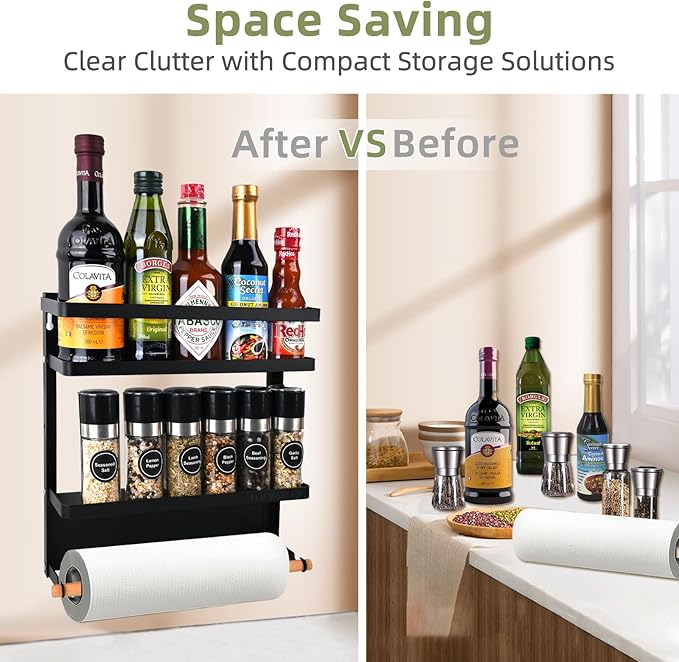 Magnetic Spice Rack for Refrigerator, Kitchen Organizers with Paper Towel Holder for Kitchen Storage, Magnetic Shelf for Fridge, Washer, Coffee maker and More Metal Surface (Black)