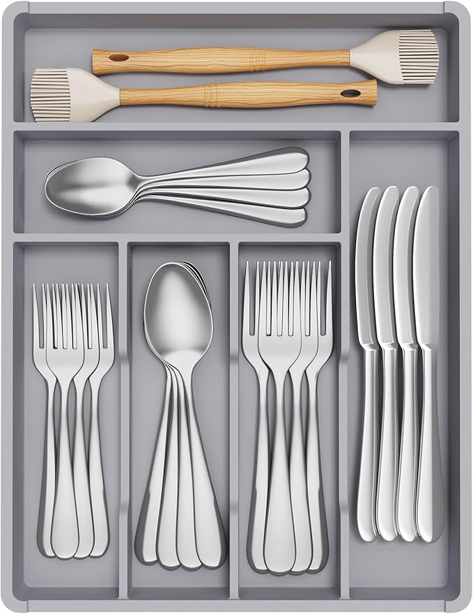 Lifewit Silverware Tray, Deep Wide Cutlery Drawer Organizer Storage for Kitchen, Plastic Flatware Utensil Holder Divider for Spoons Forks Knives Tableware, 6 Compartment, Gray