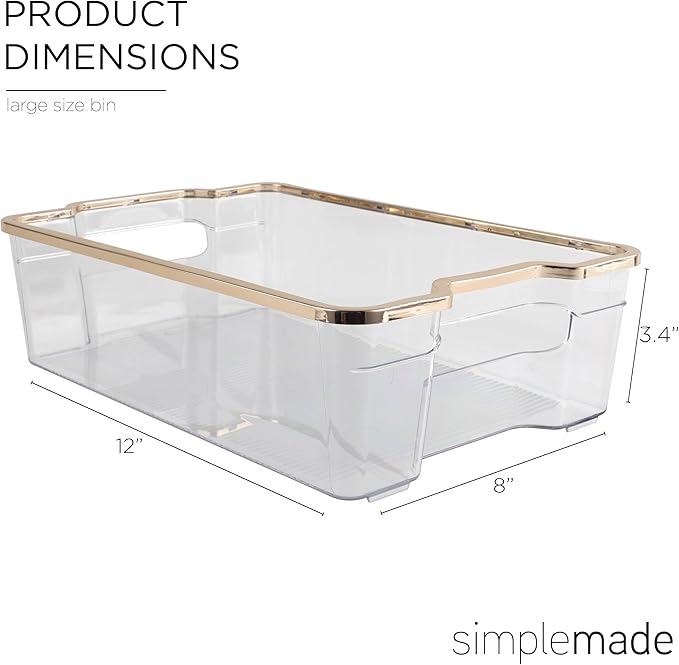 SIMPLEMADE Clear Refrigerator Organizer Bins - Clear Bins for Fridge, Containers for Fridge and Freezer, Multipurpose Storage for Kitchen, Office, Bathroom, Gold Rim (8" x 12")