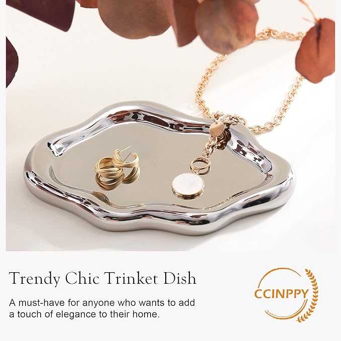 Ceramic Jewelry Tray Trinket Dish, Decorative Cloud Vanity Key Tray for Women, Ring Holder Dish, Cute Jewelry Plate Bowl Room Decor Aesthetic, Silver, Large