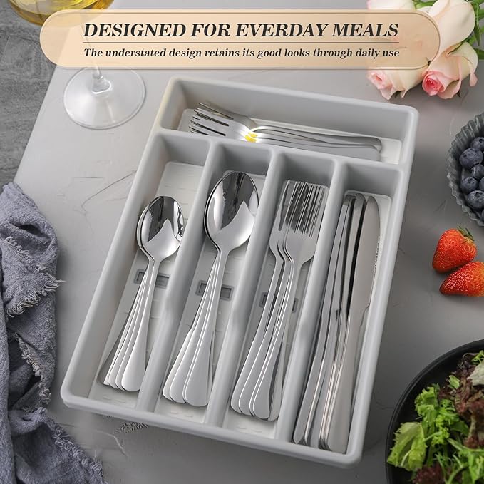 20-Piece Silverware Set with Organizer,Heavy Duty Stainless Steel Flatware Cutlery Tableware Set for 4,Includes 5-Compartment Silverware Tray with Cutlery Icons,First Apartment Kitchen Essentials