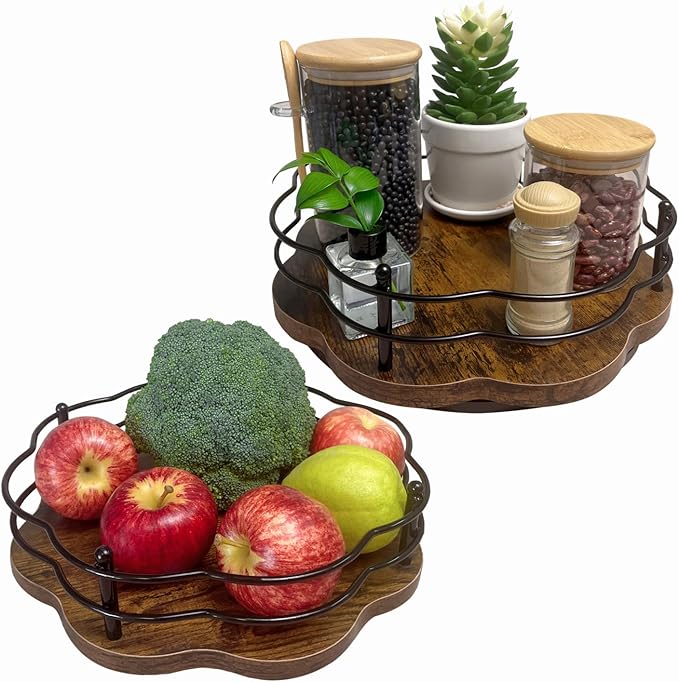 2 Pack 11" and 12" Wood Lazy Susan Turntable with Higher Metal Guardrail 360° Rotating Lazy Susan Spice Rack Organizer for Cabinet Table Top Kitchen Countertop Dining Table Pantry Coffee Bar Storage