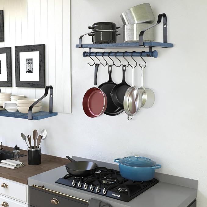Gurfury Wooden Hanging Pot Rack with 8 hooks - Farmhouse Style Wall Mount Multifunctional Cookware Organizer Rack Kitchen Storage for Pans Utensils (Blue)