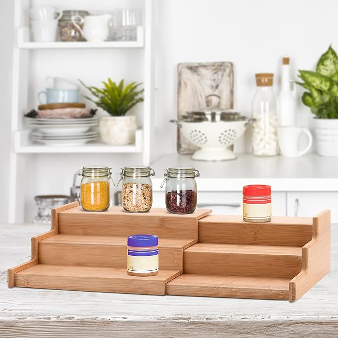 3-Tier Bamboo Expandable Spice Rack, Step Shelf Cabinet Organizer Step Shelf Kitchen Pantry Cabinet Expandable Display Shelf,Spice Holder Cabinet Seasoning Tower for Kitchen(#1)