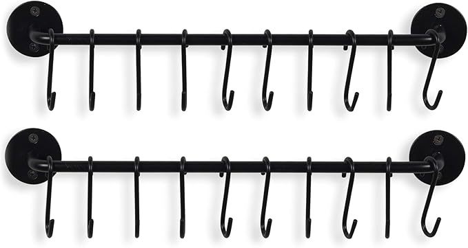 Wallniture Cucina 24" Gourmet Kitchen Rail Wall Mount Kitchen Utensil Holder with 10 S Hooks for Hanging Pots and Pans Set of 2, Black