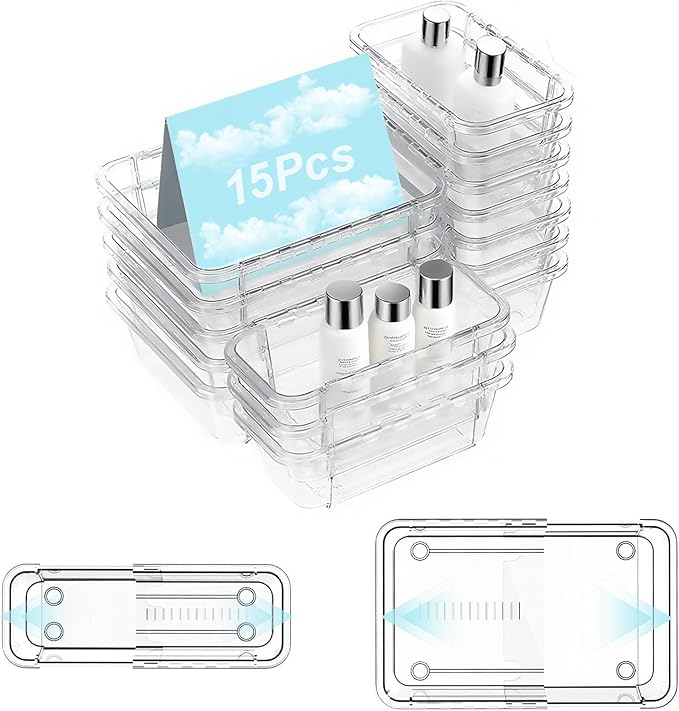 15 Pcs Clear Extendable Drawer Organizer,Adjustable Vanity Storage Box, 2-Size Desk Drawer Organizer, Acrylic Storage Bin for Makeup, Cosmetic,Desk Organizer Gadgets for Bathroom Bedroom Kitchen