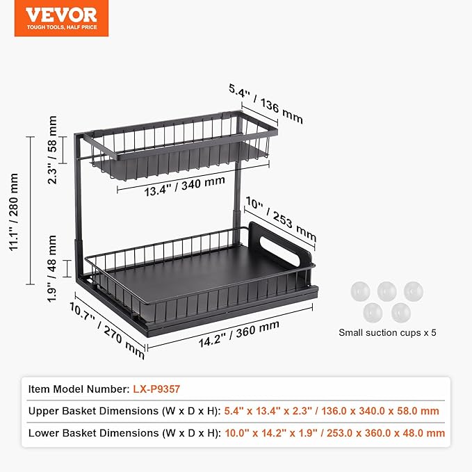 VEVOR 2 Tier Pull Out Cabinet Organizer(10.7" W x 14.2" D), Under Sink Organizer and Storage, Slide Out Drawer Cabinet Organizer, Wire Basket Sliding Shelf Storage for Kitchen Bathroom Cabinet, Black