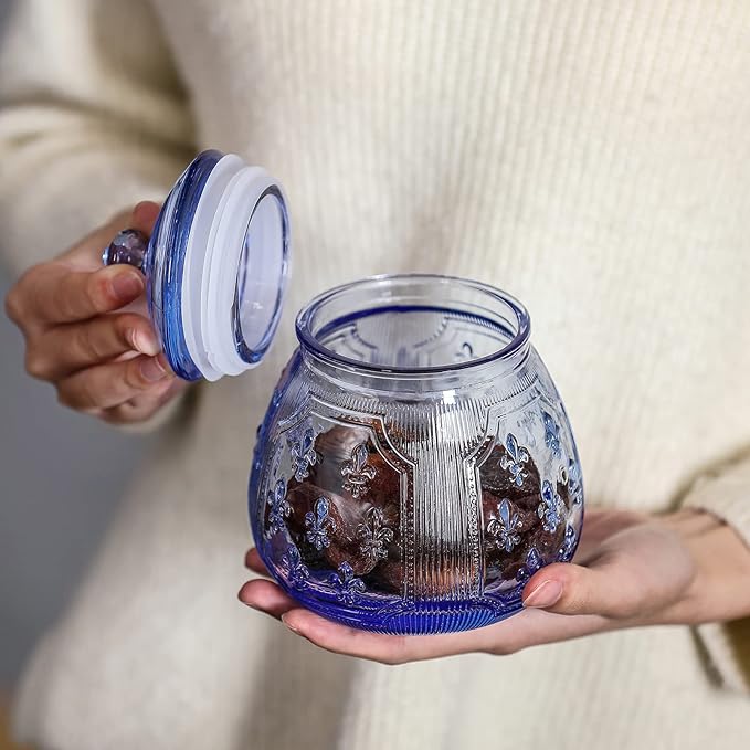 Vintage Blue Relief Glass Candy Dish With Airtight Lid For Food Storage,Candy Jars With Lids,Kitchen glass Airtight container Jars For Cookie Cereal Nuts Candy Cookies Coffee Tea,Household,Office,Gift