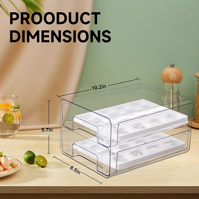 Large Capacity Egg Container for Refrigerator - 32 Eggs, Double Layer Drawer With Removable Tray, Stackable, BPA Free