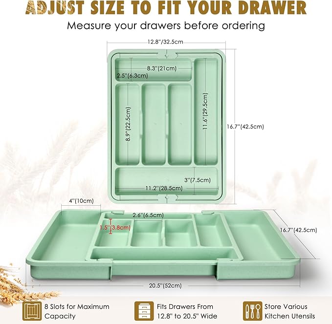 FANCILLA Silverware Organizer for Kitchen Drawers, Wheat Straw Large Expandable Utensil Drawer Organizer, BPA Free Adjustable Cutlery Holder, Dishwasher Safe Flatware Tray, 6-8 Slots (Turquoise)