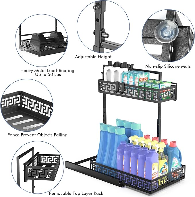 KIMCHOMERSE Under Sink Organizer Shelf, 2 Tier Pull Out Under Sink Rack, Under Counter Cabinet Organizer Storage Shelf for Bathroom Storage Organizer, Kitchen Pantry Cabinet Organizers -Black