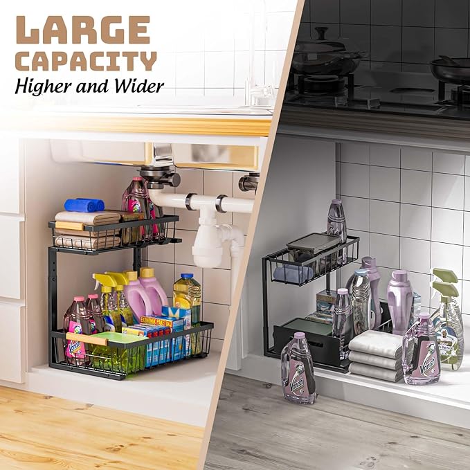Under Sink Organizer and Storage, 2 Pack Slide Out Under Cabinet Storage Pull Out Sink Shelf Cabinet Storage Shelves, Undersink Organizers for Kitchen Bathroom Cabinet