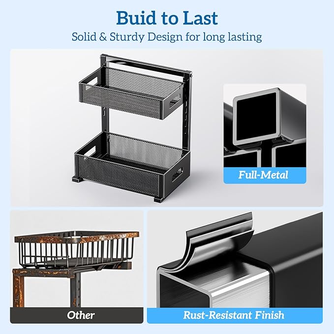 Organizer and Storage for Kitchen, Bathroom, Under Sink, Upgraded Guide Rail Design Smoothly Pulls Out Cabinet Organizer and Slides Out Sink Shelf Cabinet Storage Shelves XL