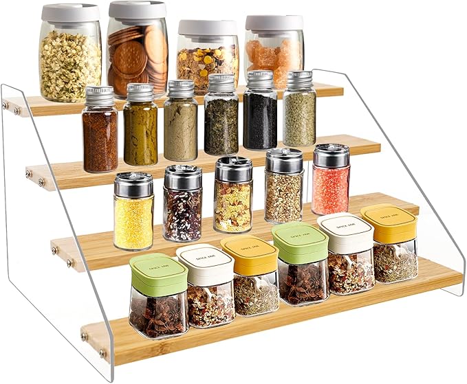 12“ Spice Rack Organizer for Cabinet - Wooden 4 Tier Display Stand - Space Saving Display Shelf Riser for Perfume Cologne Cupcake Collectibles Figurine
