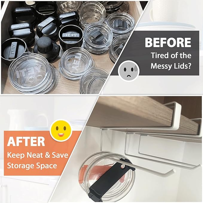 3 Pieces Tumbler Lid Storage Hook, No Install Cup Lid Organizers Inside Cabinet (No Screws, No Adhesive), Clip-On Cup Lid Organizer for Saves Kitchen Space (White), FFHJ38