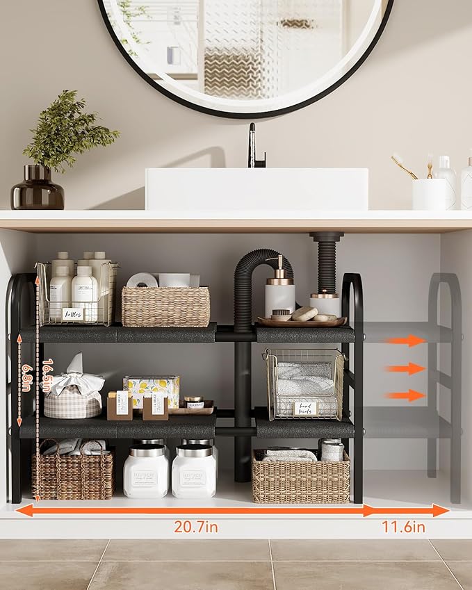 SUNZOS Under Sink Organizers, 2 Tier Expandable Cabinet Shelf Organizer with 8 Removable Panels, Under Counter Storage Organizer for Kitchen, Bathroom, Shoe Storage Rack