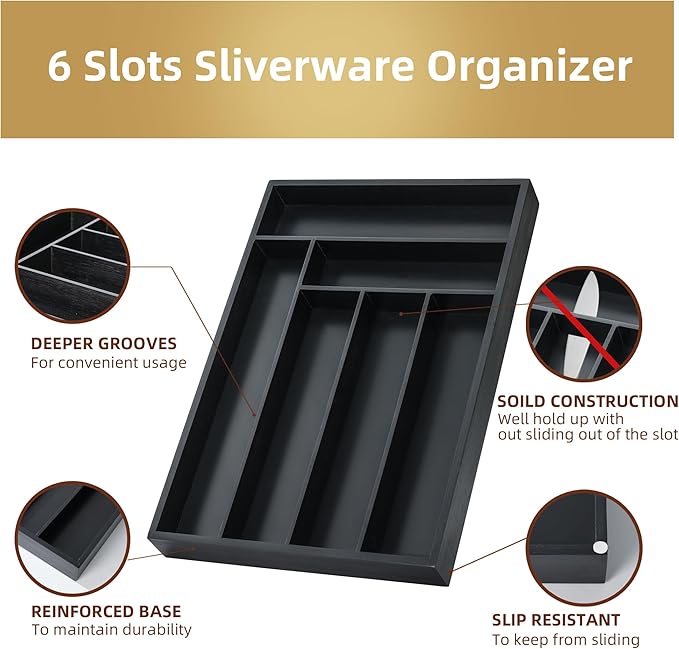 Silverware Organizer Kitchen Drawer Organizer Utensil Organizer Bamboo Silverware Holder Cutlery Organizer in Drawer Flatware Organizer Tray(6 slots, Black