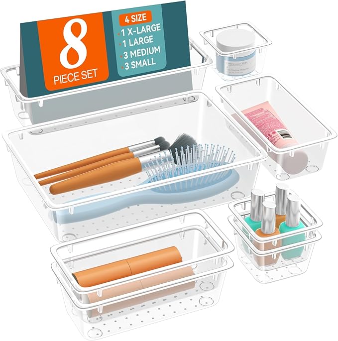 WOWBOX 8 PCS Clear Plastic Drawer Organizer Set, 4 Sizes Desk Drawer Organization and Storage Containers for Makeup, Cosmetics, Jewelry and Gadgets in Kitchen, Bathroom, Bedroom, Office, Clear