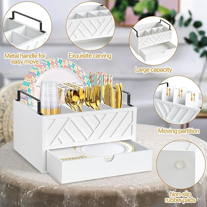 Paper Plate Dispenser with Drawer, Paper Plate Holder for Kitchen Counter, Wood Rustic Silverware Utensil Caddy, Cutlery Flatware Organizer for Cup Spoon Fork Plates Napkins, White Kitchen Accessories