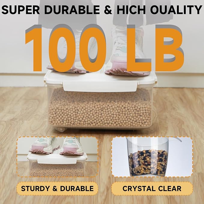 Rice Storage Container 20 lbs - 15 lbs Airtight Flour Dispenser with Lids & wheel, BPA Free, kitchen organizers for Pet/Cat/Dog Food Storage Container (10 lbs), White