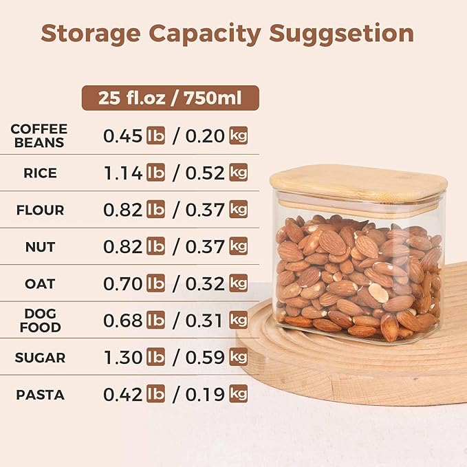 ComSaf 26oz Rectangle Glass Storage Containers with Lids, Glass Jars with Bamboo Lids, Clear Food Jar, Sugar Coffee Containers, Small Pantry Storage Container for Tea Candy Nuts Spices Oat