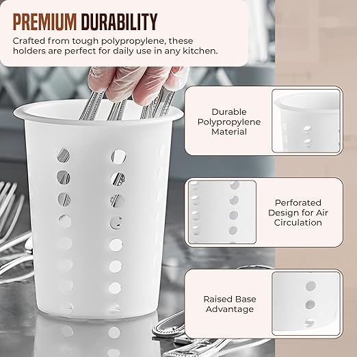 OCS Parts Perforated Utensil Drying Cups | White | Set of 3 | Plastic Flatware Holder Cylinders for Kitchen Counter Organization