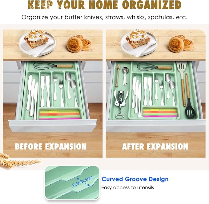 FANCILLA Silverware Organizer for Kitchen Drawers, Wheat Straw Large Expandable Utensil Drawer Organizer, BPA Free Adjustable Cutlery Holder, Dishwasher Safe Flatware Tray, 6-8 Slots (Turquoise)
