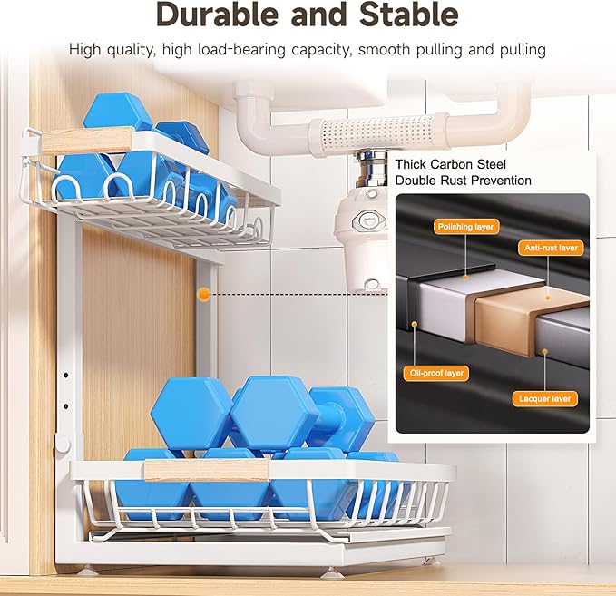 2 Packs Under Sink Organizer, High Adjustable 2 Tier Under Kitchen sink organizer, Multi-Purpose Storage Shelf for Kitchen Bathroom Cabinet, White
